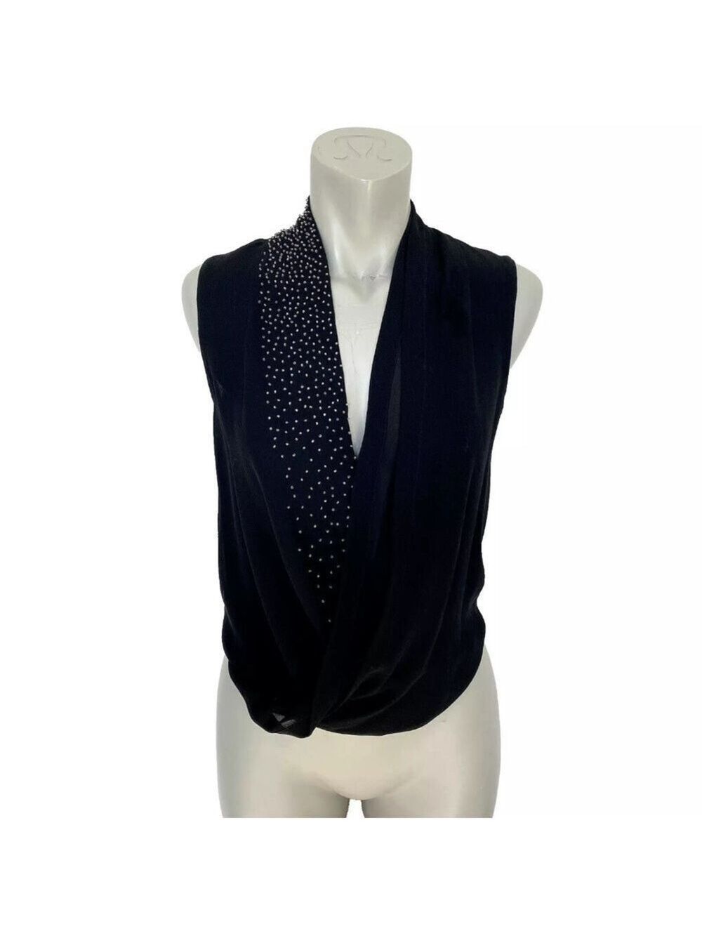 Aritzia Babaton Size XXS 100% Silk Black Beaded Sleeveless Blouse Top